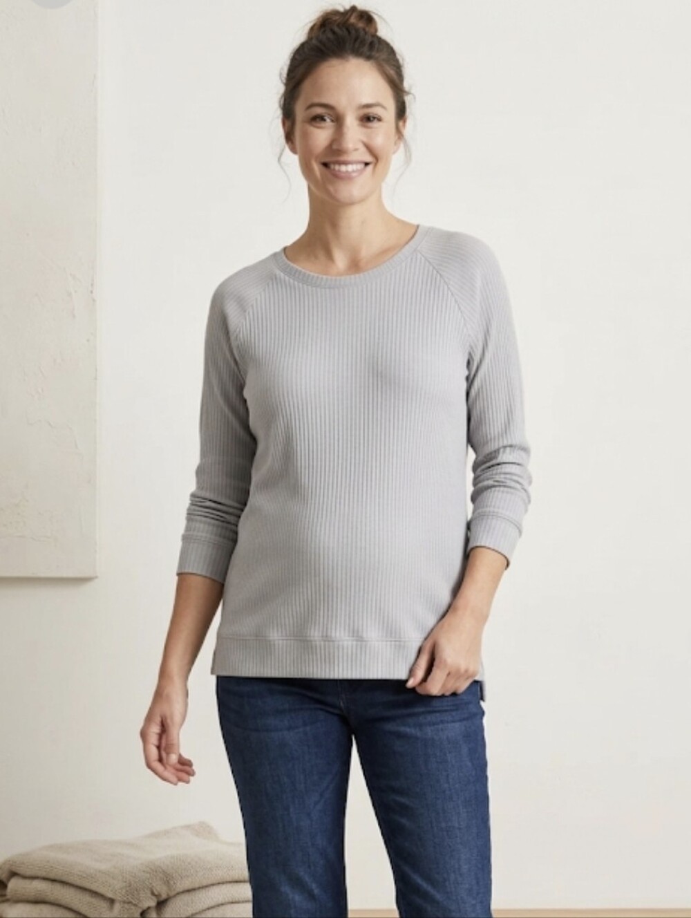 Storq Maternity Light Gray Long Sleeve Rib Knit Top Size 4/Large